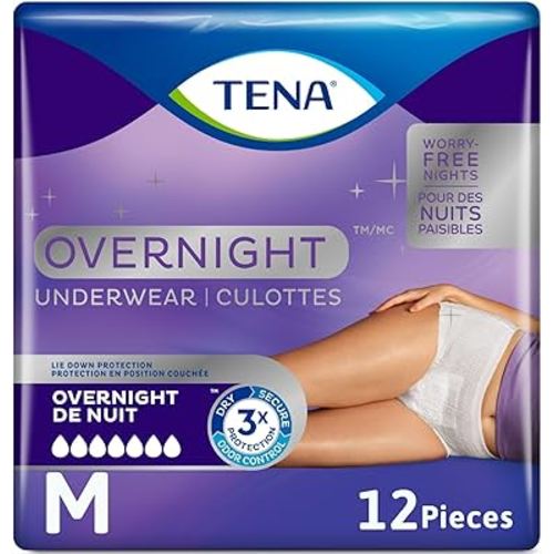 TENA Incontinence Underwear, Overnight Absorbency, Medium, 12 Count, white