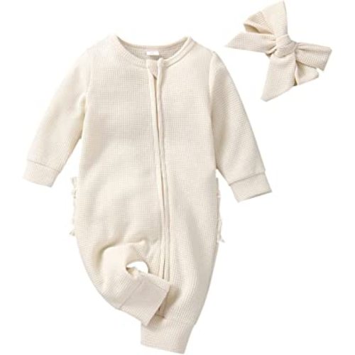 MoZiKQin Newborn Baby Girl Ruffle Romper Knit Sweater Onesie Jumpsuit Long Sleeve Zipper Onesie Solid Fall Winter Outfits