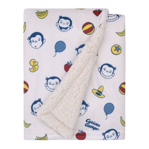 Universal Curious George White, Blue, Red, And Yellow Balloons, Bananas And Hats Super Soft Cuddly Plush Baby Blanket