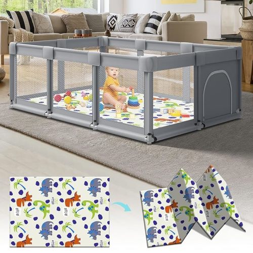 74" ×50" Large Baby Playpen, Baby Playard for Babies and Toddlers, Baby Fence Play Pens for Indoor & Outdoor, Sturdy Safety Play Yard with Soft Breathable Mesh, Anti-Fall, Grey (with MAT) - 74*50 IN+MAT