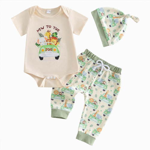 Baby Boy Summer Clothes Zoo Animal Print Short Sleeve Romper and Pants 3-Piece Set with Hat Infant Outfit