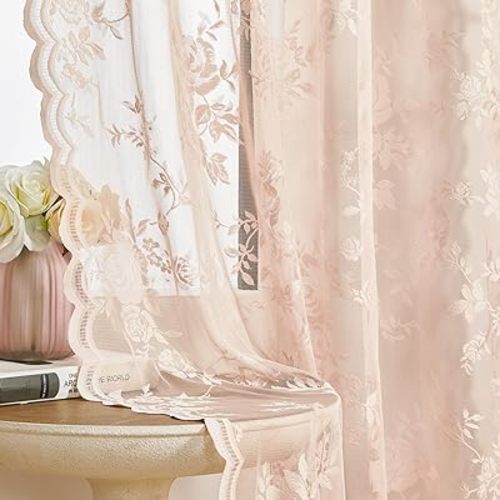 Blush Pink Lace Curtains - 84 Inch Long, 2 Panel French Floral Sheer Curtains for Living Room & Bedroom - Vintage Victorian Style, Rod Pocket, Light Filtering Edges, Drapes - 52x84