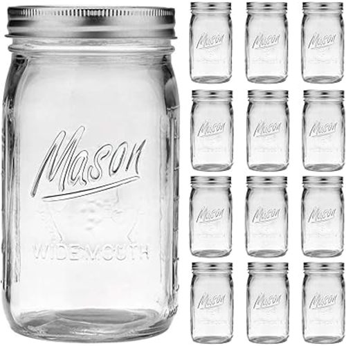 Wide Mouth Mason Jars - 32 oz, 12 Pack Large Glass Jars with Airtight Lids, 1 Quart for Pickling, Canning, Fermenting and Food Storage, Microwave & Dishwasher Safe