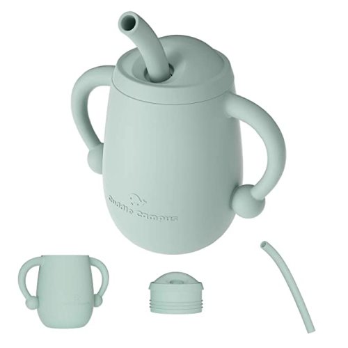 Cuddle Campus 100% Silicone Baby Training Cup, Shatterproof Toddler Sippy Cups with Straw, Open Cup for Baby, 6+ Months 4 Oz - Sage