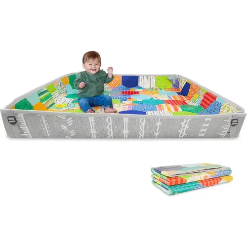 Infantino Foldable Soft Foam Mat, Extra Large Double-Sided Cushioned Portable Play Mat with Fold-Up Sides, Non Slip Crawling & Playing for Infants and Toddlers, Multicolor