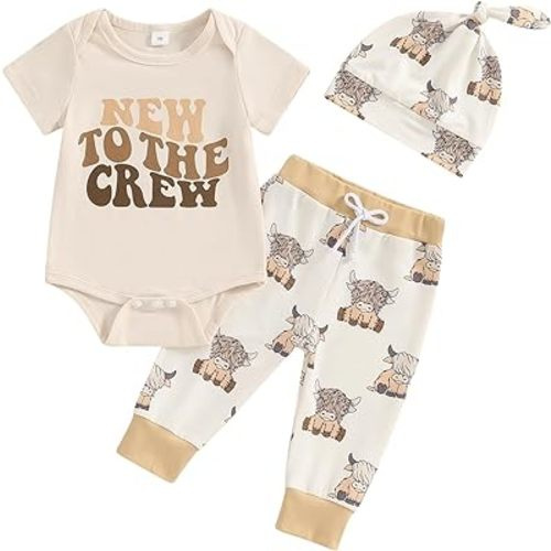 SAYOO Western Newborn Baby Boys Cowboy Outfits Cow Print Letter Bodysuit+Long Leggings+Cap 3pcs Infant Boy Country Clothes (New To The Crew, 0-3 Months)
