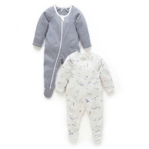 Navy Nautical 2 Pack Zip Growsuit - Baby Growsuits - Purebaby - Purebaby