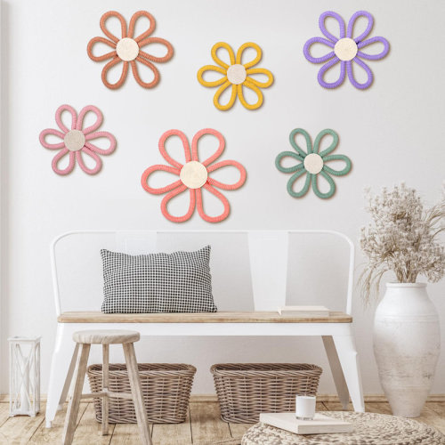 Winston Porter 6 Pcs Boho Nursery Decor Daisy Flower Woven Macrame Wall Hanging 3 Size Daisy Flower Wall Decor Bohemian Nursery Decorations For Home Dorm Art(Multicolor) | Wayfair