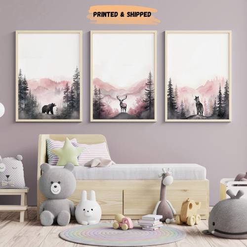 LakelzDecor Pink Woodland Animal nursery decor, Set of 3, Forest nursery wall art, tree nursery decor, adventure mountain, Bear Fox Reindeer