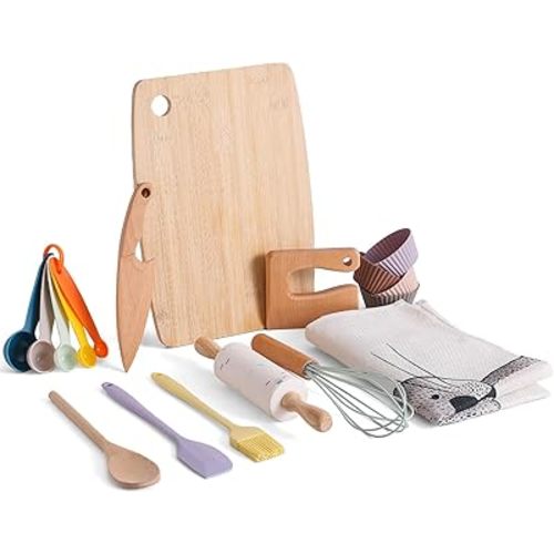 Promise Babe Kids Knife Set for Real Cooking and Baking, 14 Pcs Food Grade Montessori Kitchen Tools, Toddler Kitchen Tools with Safe Toddler Knife Set, Cutting Board, Kids Apron and Rolling Pin