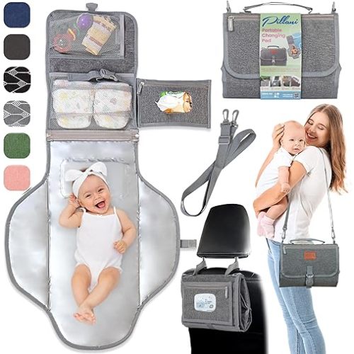 Portable Changing Pad for Baby, Travel Diaper Changing Pad for Newborn, Large Waterproof Baby Changing Mat, Foldable & Detachable Diaper Changing Station with Baby Wipes Pockets, Baby Stuff by Pillani