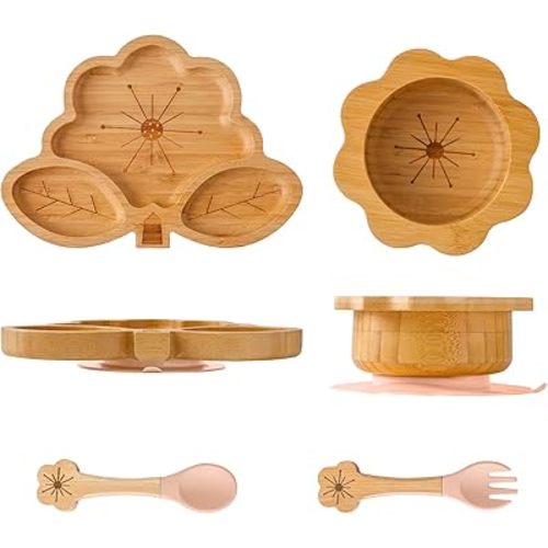 Bamboo Suction Plates Bowls Set for Baby Toddler - Includes Bamboo Bowl, Divided Plate, Silicone Fork & Spoon, All-Natural Baby Feeding Set for Baby-Led Weaning