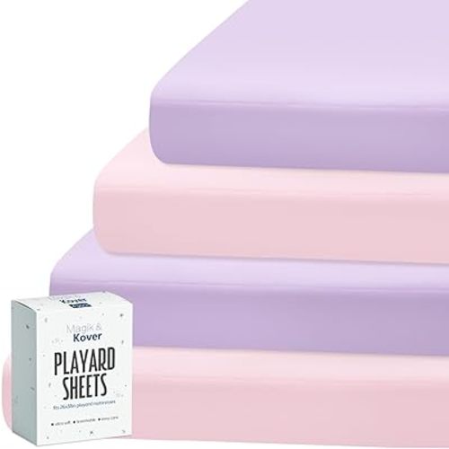 Pack and Play Sheets Fitted 4 Pack, Breathable Baby Playard Mattress Sheet Compatible with Graco Pack n Play, Mini Crib Sheets Fitted for Girls, Pink & Purple Playpen Mattress Sheets
