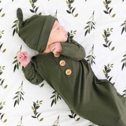 Solid Olive Newborn Baby Knot Gown & Hat | Caden Lane