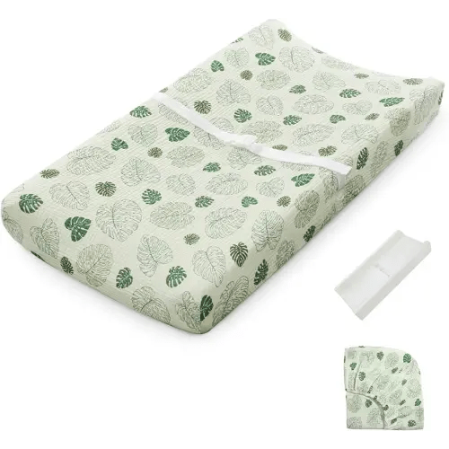 Blissful Diary Muslin Baby Changing Pad with Waterproof Lining Foam, Diaper Changing Table Pad with Cover for Dressers (Monstera, Rectangular)