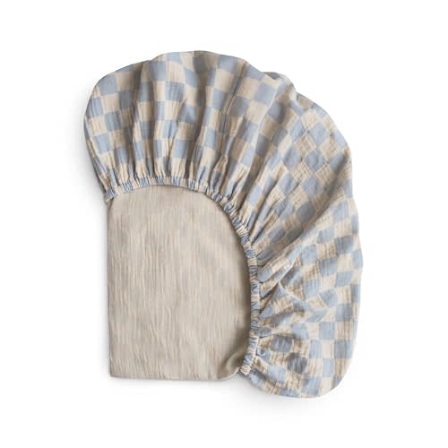 mushie Extra Soft Muslin Fitted Crib Sheet | 192 Thread Count | 28"x 52" (Blue Check)