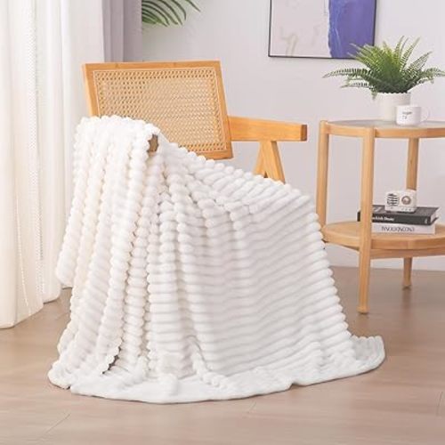 Cream White Fleece Throw Blanket 50”×60” for Couch Sofa Bed,Super Soft Cozy Plush Microfiber Flannel Blanket with Stripes Design Lightweight for Adults,Woman,Girls