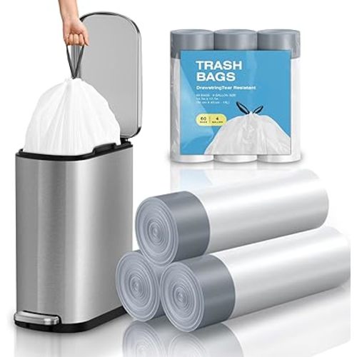 2.6 Gallon Mini Drawstring Trash Bags, Small Garbage Bags by KSSKSS, Code a fit 10-15 Liter, 2.6-4 Gal, White Trash Bin Liners for Home Office Kitchen Bathroom Bedroom, 60 Counts