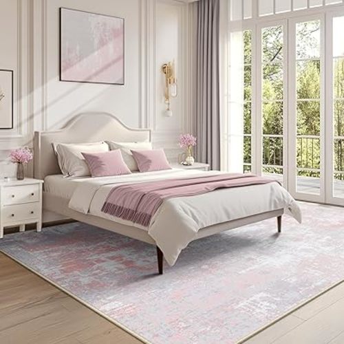 Washable Area Rugs 8'x10' Non-Slip Modern Abstract Soft for Living Room Entryway Bedroom, Print Pattern, Grey Pink