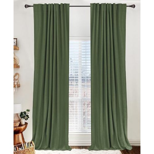 100% Blackout Shield Linen Blackout Curtains for Bedroom 63 Inches Long, Back Tab/Rod Pocket Living Room Drapes, Thermal Insulated Blackout Curtains 2 Panels Set, 50" W x 63" L, Moss Green