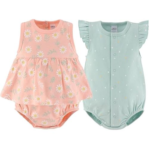 The Peanutshell Baby Girl Rompers 2 Pack - 100% Cotton Clothes and Dresses for Newborn, Infant and Baby Girls - Daisy