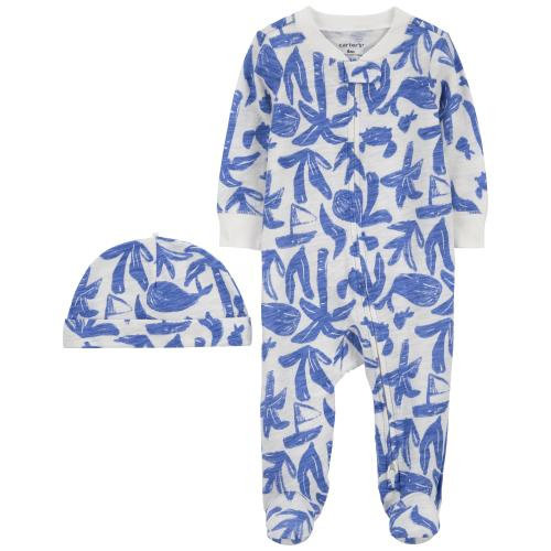 Baby Whale Cotton Sleep & Play & Cap Set - NB - Style,White/Blue