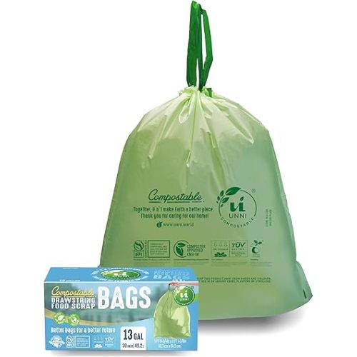 UNNI Compostable Drawstring Bags, 13 Gallon, 49.2 Liter, 30 Count, Heavy Duty 1 Mil, Tall Kitchen Food Scrap Waste Bags, ASTM D6400, US BPI, CMA & Europe OK compost Certified, San Francisco