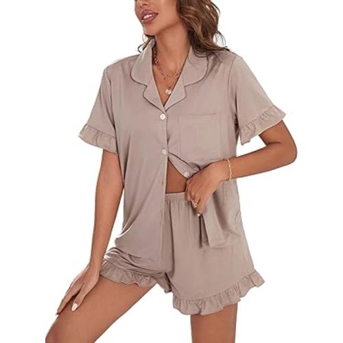 WDIRARA Women's 2 Piece Pajama Set Ruffle Trim Sleepwear Button Down Short Sleeve Top and Shorts Soft Modal Loungewear