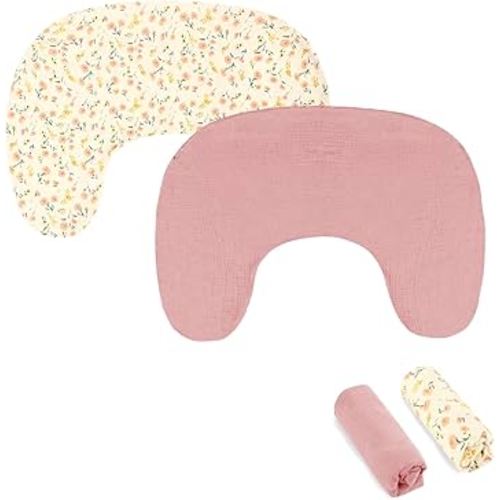 Hooyax Muslin New Nursing Pillow Covers 2 Pack, Soft and Breathable Nursing Covers for New-Designed Breastfeeding Pillows, Adorable Infant Feeding Pillow Slipcover for Baby Boy and Girls (Pink Flower)