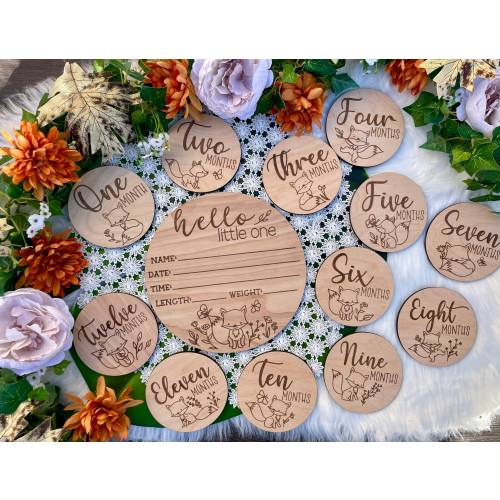 Cute woodland fox birth announcement wood sign and monthly milestone photo markers