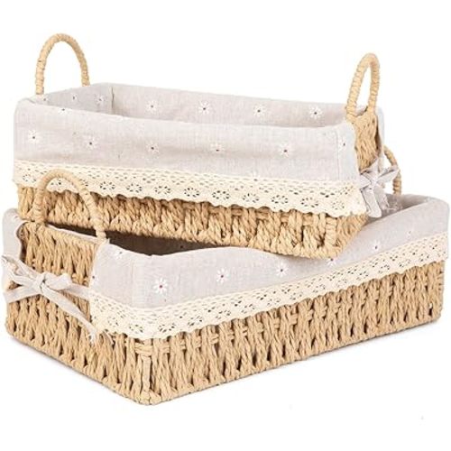 Wicker Storage Baskets with Handle and Liner, Rectangular Natural Paper Rope Woven Shelf Baskets for Organizing, Storage Bins Organizers for Living Room Bedroom Bathroom Tabletops(Set of 2)