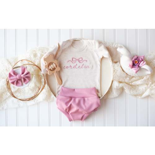 Personalized Baby Girl Outfit | Oatmeal Bodysuit Pink Ballet Bow Initi – Wonderfully Made