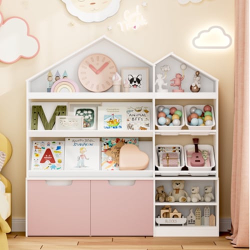 Homfa Kids Bookcase with Bins, Children Toy Storage Organizer with 2 Removable Drawers Roof-Shaped Top for Kids Room, White & Pink
