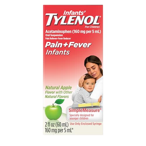 Infants' Tylenol Acetaminophen Oral Suspension, Dye-Free Apple, 2 fl. oz | Baby Fever Reducer & Pain Reliever, Minor Aches & Pains, Sore Throat, Headache & Teething Pain