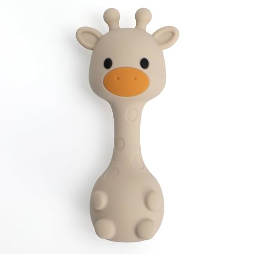 Silicone Little Giraffe Shaker Rattle Toy for Babies | Food Grade Silicone Teether | Easy to Grip | BPA Free (Sand)