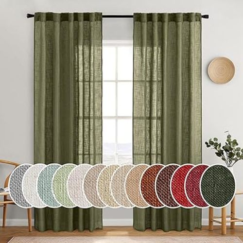 MIULEE Light Olive Green Linen Curtains 84 Inches Long 2 Panels for Bedroom Living Room, Soft Linen Textured Natural Window Drapes Semi Sheer Light Filtering Back Tab Rod Pocket Burlap Look Decor