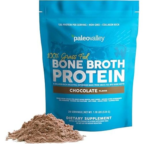 Paleovalley 100% Grass Fed Bone Broth Protein Powder - Chocolate - Rich in Collagen for Hair, Skin, Gut Health, Bone and Joint Support - 28 Servings