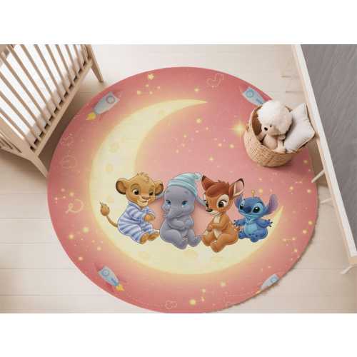 Round Disney Baby Girl Nursery Rug with Moon and Stars Featuring Simba Dumbo Bambi Stitch - Cute Disney Girl Rug - Newborn Gift - Baby Rug