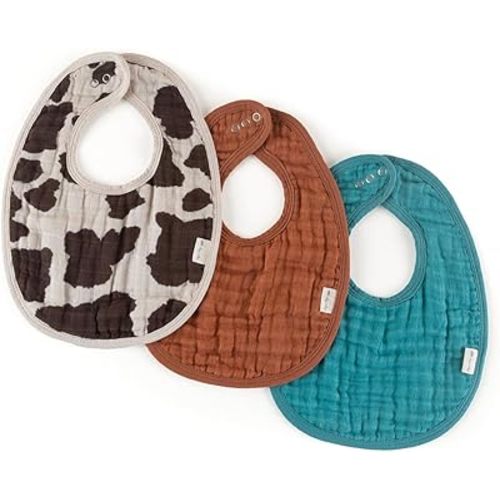 Itzy Ritzy Set of 3 Baby Bibs - Ultra-Soft Adjustable Infant & Toddler Bibs Made of Triple-Layer Cotton Muslin, Ideal for Drooling, Teething, & Eating - 3 Stylish, Coordinating Prints (Cow Print)