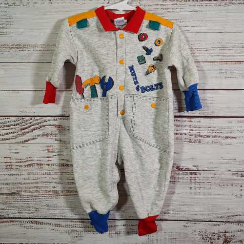Vintage Baby Jumper / Baby Red Blue Gray Tool Box Infant / One Piece / Baby Outfit / 12M 12 Months