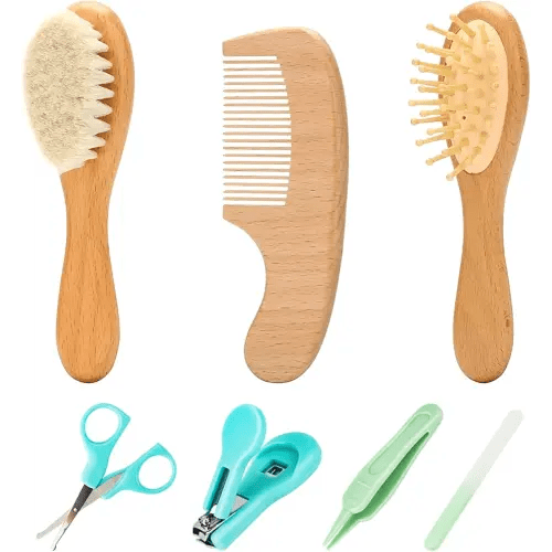 Goat Baby Hair Brush Set, Wooden Comb Massage Scalp Comb, Safe Natural Hair Care Kit, Soft Silicone Bath Brush for Newborns Toddlers (Brush Set+ Green Massager) (Brush Set+ 4)
