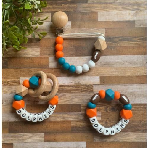 Miami Dolphins Toy Collection - Pacifier Clip - Loop Rattle - Go Phins - Baby Dolphin Toy Rattle - Orange - Teal - Football - Baby Gift