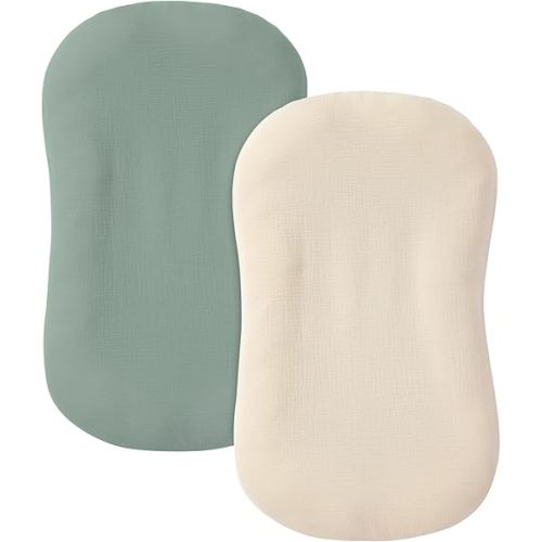 guruixu Muslin Baby Lounger Cover 2 Pack, 100% Cotton Infant Lounger Cover, Soft & Breathable Replacement Slipcover, Compatible with Snuggle Me Newborn Lounger (Roman Green,Cream)