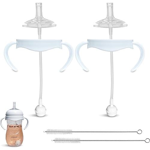 Straw Cup Conversion Kit for Philips Avent Natural Baby Bottle | 2-Count | with Soft Silicone Straw Top Nipples, Weighted Any Angle Straw Ball, Bottle Handles and Straw Cleaning Brush (Straw Top)