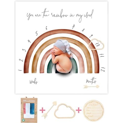 100% Organic Cotton Muslin Monthly Baby Milestone Blanket with Wooden Hello World Newborn Sign, Newborn Photography Props, Birth Announcement Sign, Rainbow