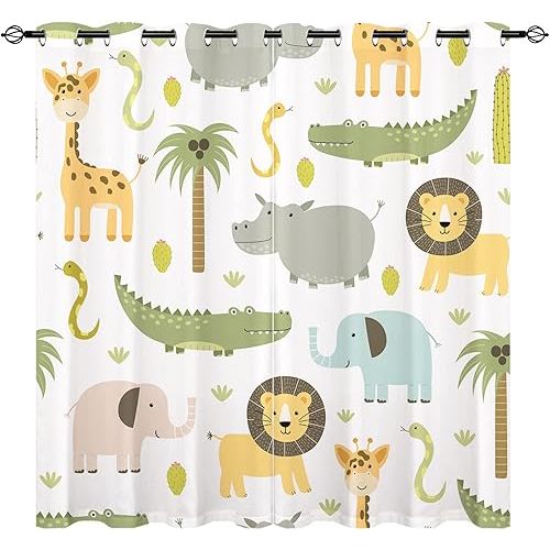 Animal Curtains W29.5 x L65 Inch Grommet Thermal Insulated Blackout Window Drapes Safari Hippo Crocodile Lion Elephant Giraffe Woodland Zoo Pattern for Kids Boys Girls Nursery Bedroom 2 Panels