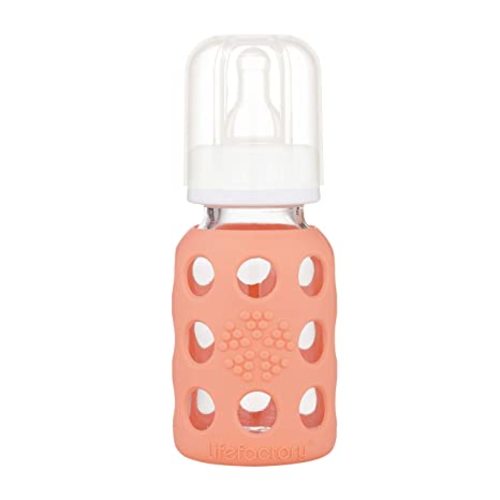 Lifefactory Glass Baby Bottle with Stage 1 Nipple and Protective Silicone Sleeve Cantaloupe, 4 Oz - 4 Ounce