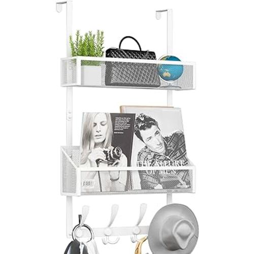 Over The Door Hooks Organizer,Coat Rack with 12 Hooks and 2 Mesh Baskets,Back of Door Storage Organizer for Bathroom,Bedroom,Kitchen,Office(White)