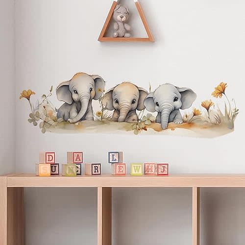 Cozy Baby Elephant Family Wall Stickers, sacinora Cute Cartoon Animal Wall Decals Removable Vinyl Peel and Stick for Kids Boy Girl Nursery Living Room Bedroom Art Decorations