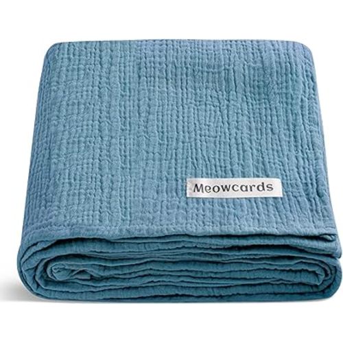 meowcards Muslin Swaddle Blankets for Baby, Unisex Baby Boys Girls Essentials, Large 47 x 47 inches, Boho Style Receiving Blankets Newborn Registry Must Haves, Perfect (Blue, Simple)